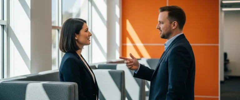 Two technology professionals in profile discussing a cloud architect career path in a modern office