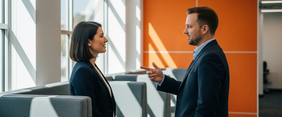 Two technology professionals in profile discussing a cloud architect career path in a modern office