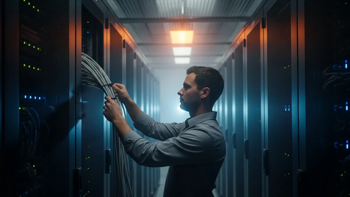Infrastructure engineer routing a bundle of network cables in a data center aisle