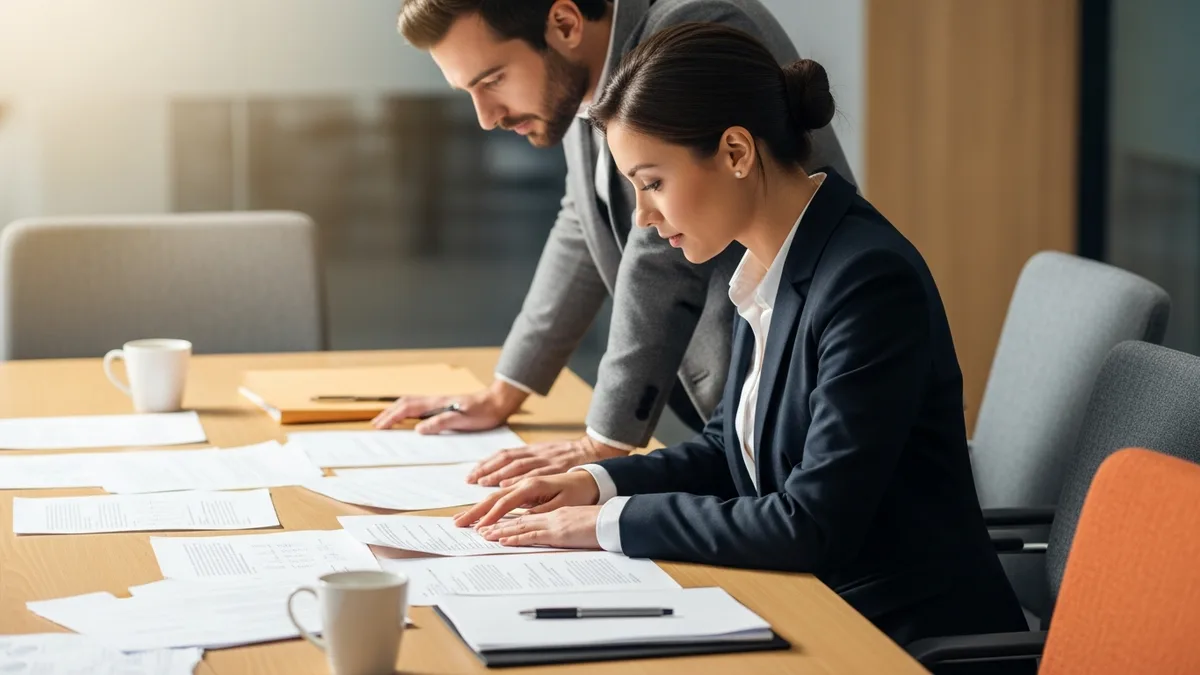 Two professionals leaning over printed cloud architecture design documents on a conference table