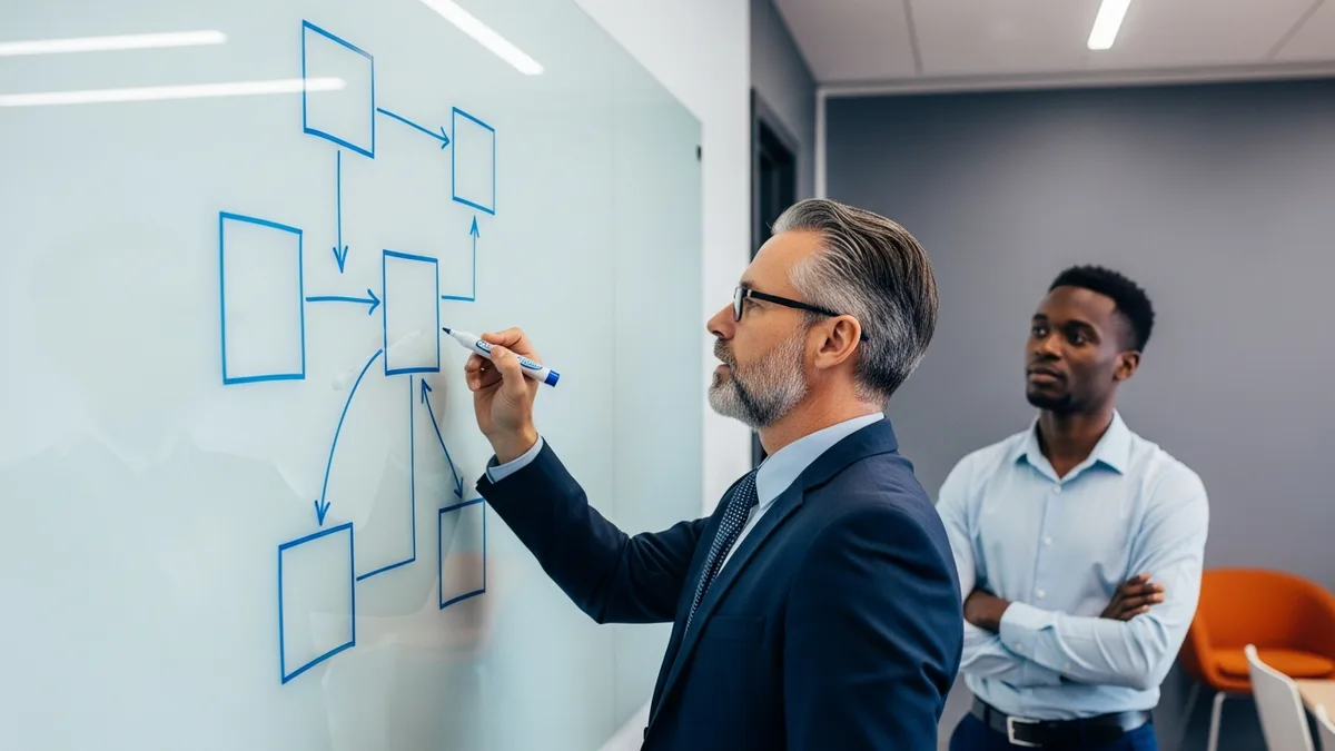 Senior cloud architect sketching an architecture diagram on a glass whiteboard while a colleague listens