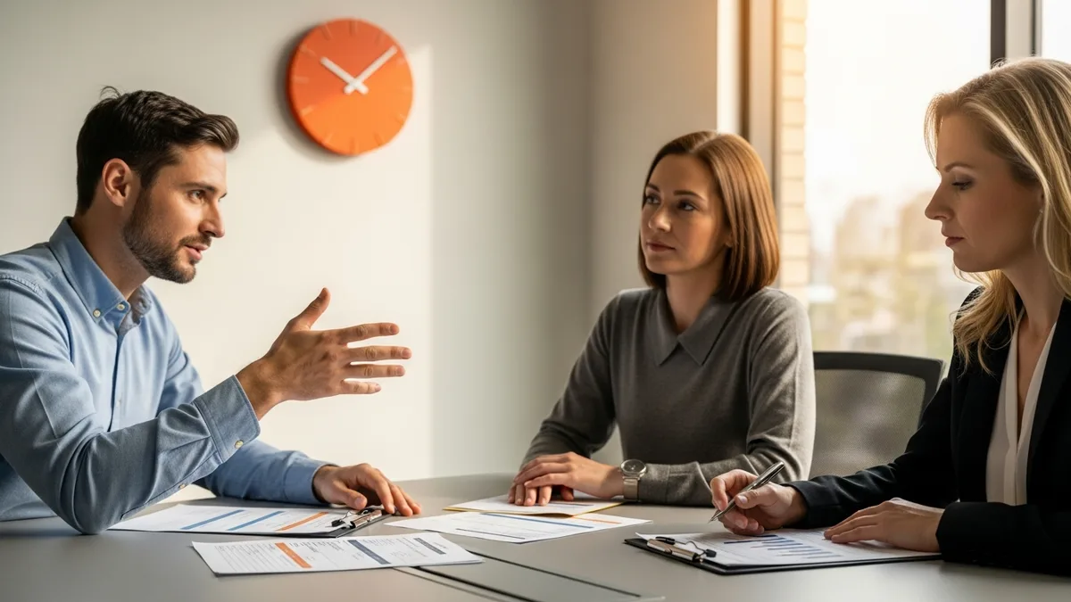 Hiring panel reviewing printed scorecards during a debrief after a cloud security engineer candidate interview