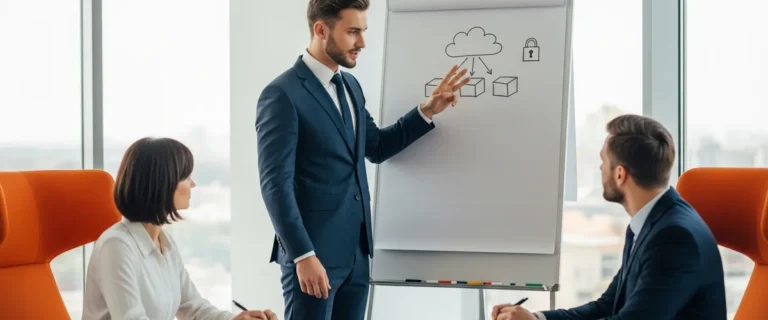 Cloud security engineer interview candidate explaining a shared responsibility model diagram on a whiteboard to two interviewers