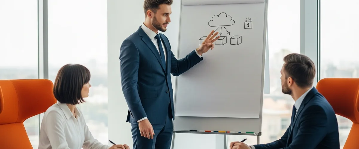 Cloud security engineer interview candidate explaining a shared responsibility model diagram on a whiteboard to two interviewers