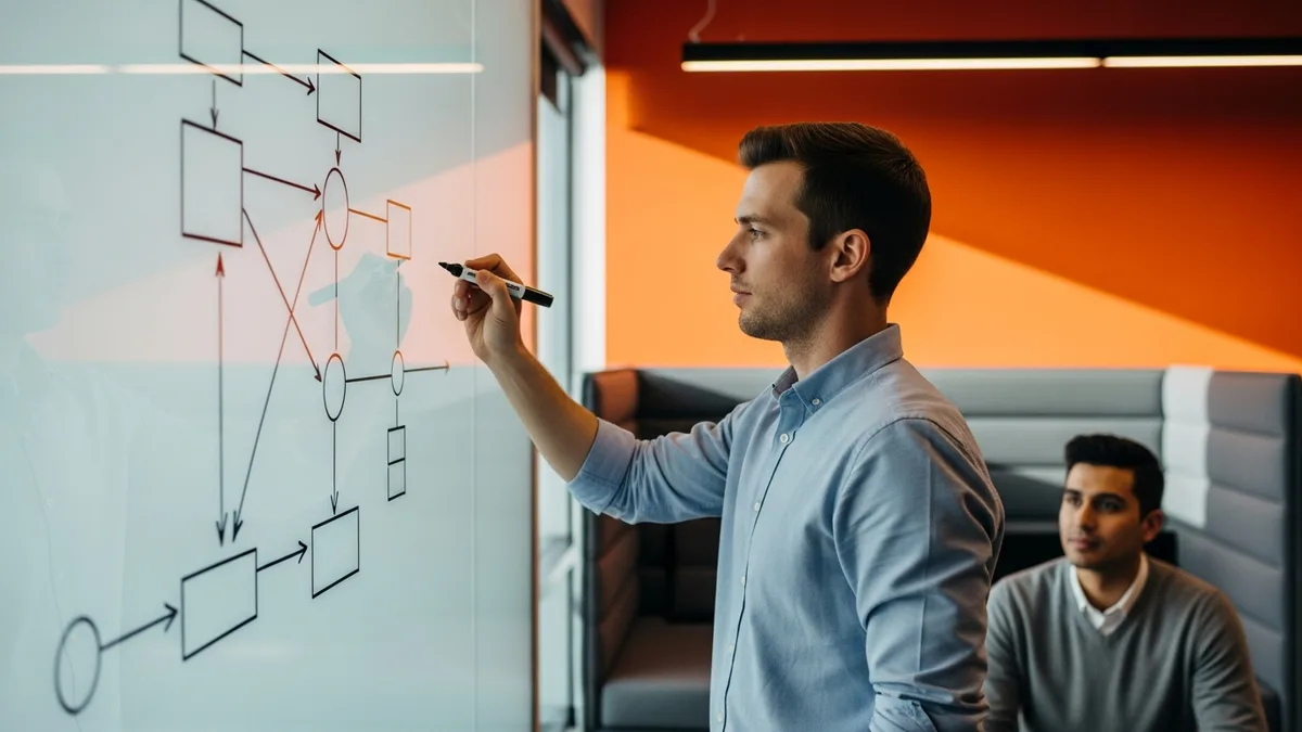 Cloud security engineer diagramming identity and permissions architecture on a glass whiteboard