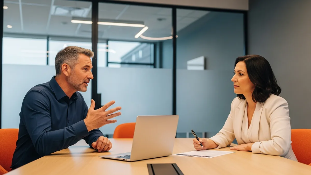 Hiring manager and recruiter reviewing a cloud security engineer compensation band in a conference room