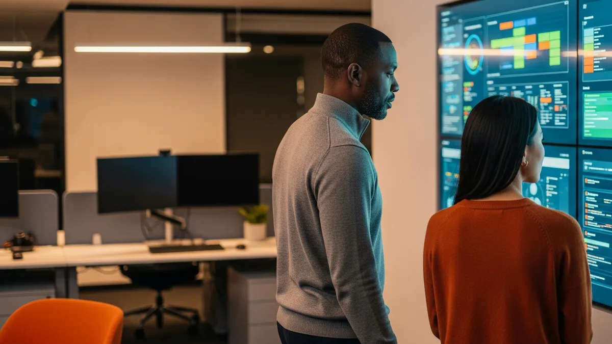 Two cloud security engineers reviewing a multi-cloud security posture dashboard on a wall display