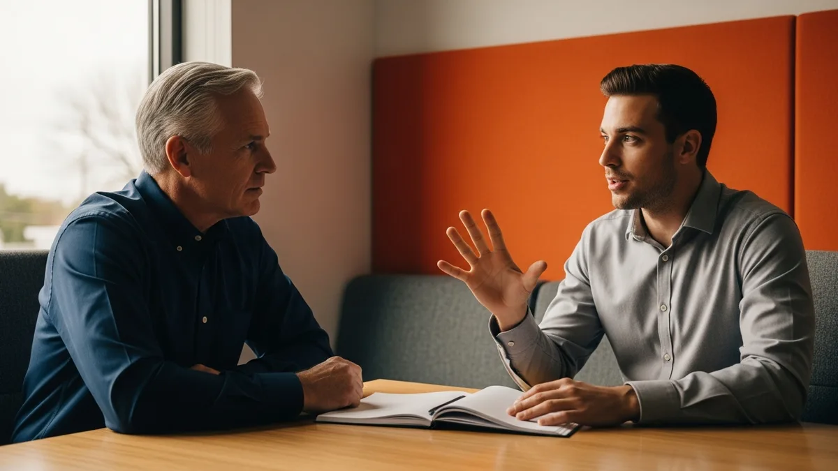 Engineering director coaching a new engineering manager through a specific decision in a private meeting room
