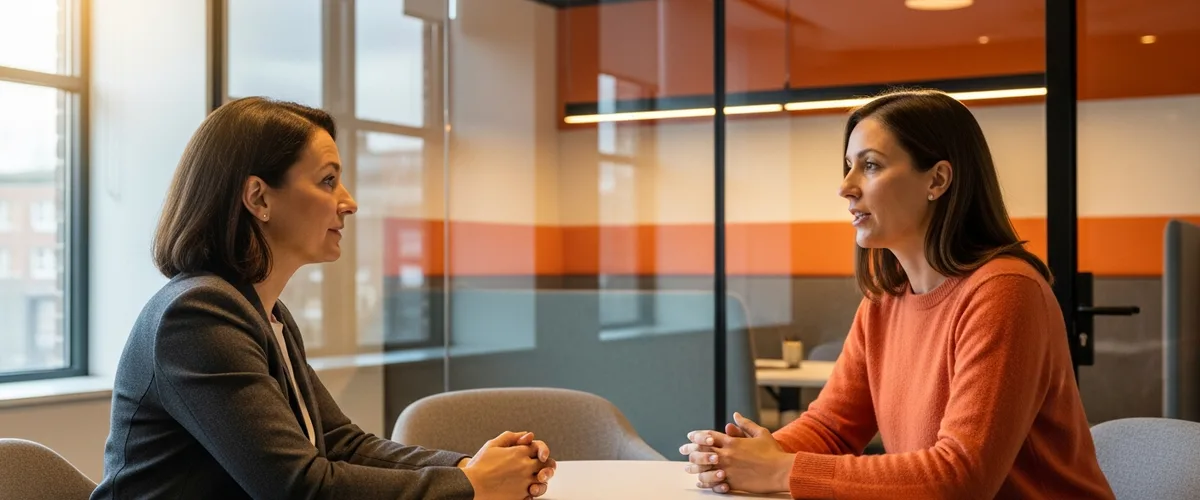Director and newly promoted engineering manager in a one-on-one coaching conversation at a small table