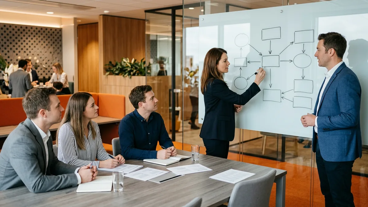 Consultants diagramming engagement scope on a whiteboard while a client team follows along with printed handouts