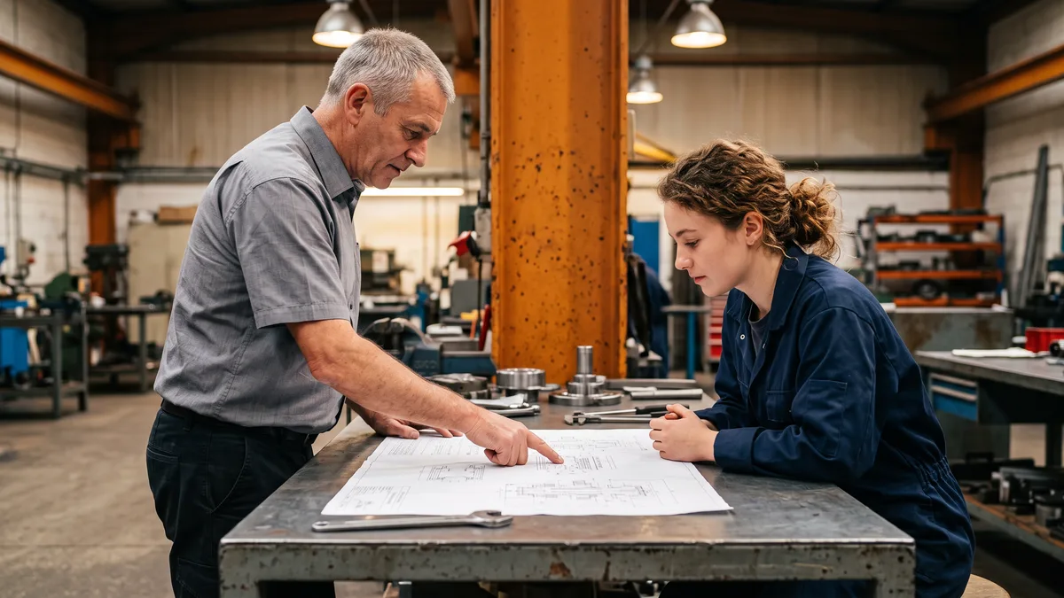 Senior engineer reviewing printed technical drawings with a junior contract engineer at a workbench