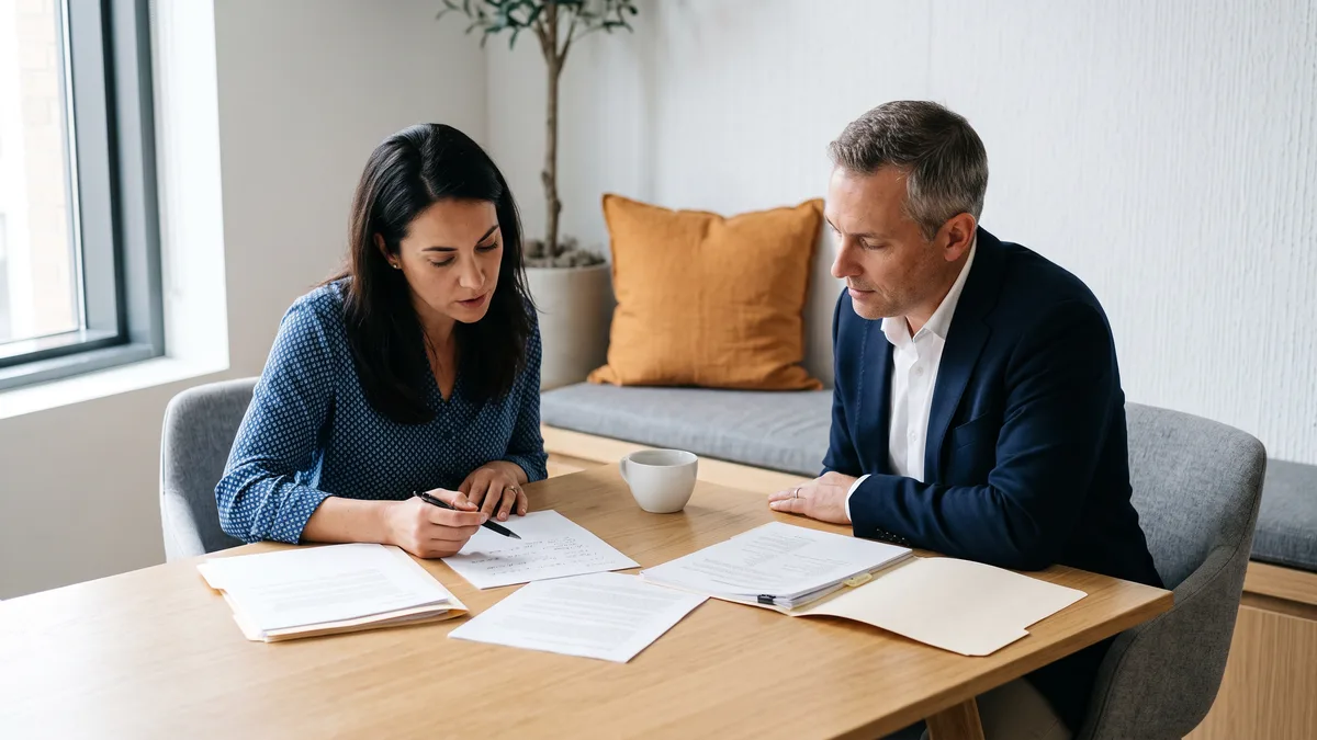 Hiring manager and finance partner reviewing printed contingent workforce planning documents for a 2026 contract labor budget