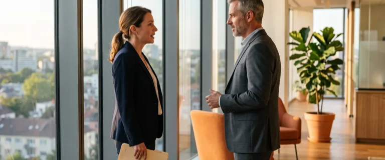 Two business leaders discussing a 2026 contract labor and contingent workforce plan beside an office window