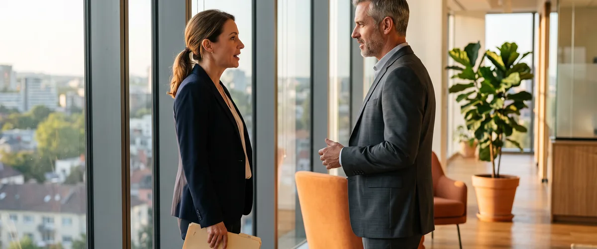 Two business leaders discussing a 2026 contract labor and contingent workforce plan beside an office window