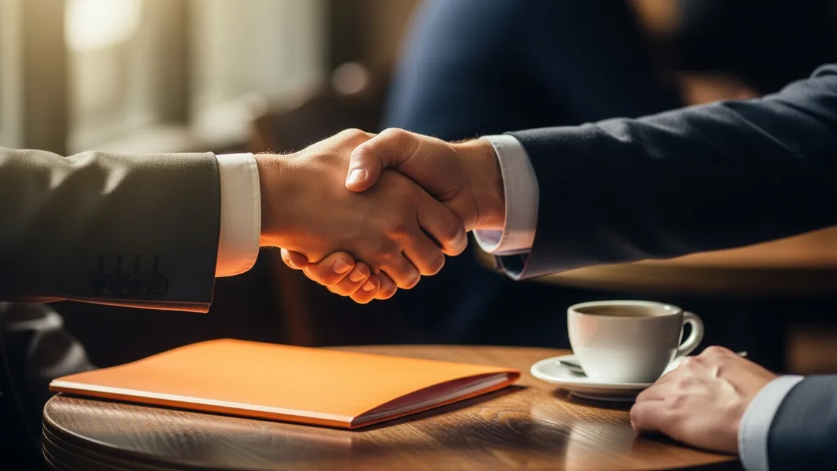 Two professionals shaking hands over a contract-to-hire conversion fee agreement