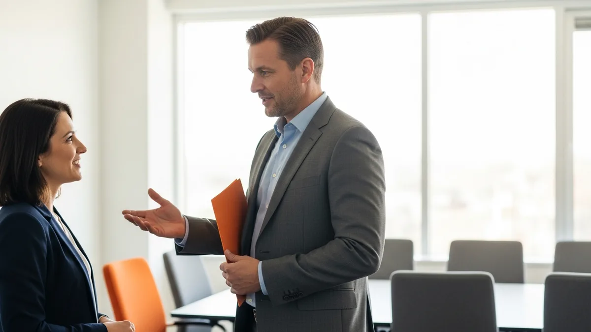 Hiring manager and recruiter discussing contract-to-hire conversion rate benchmarks in a conference room
