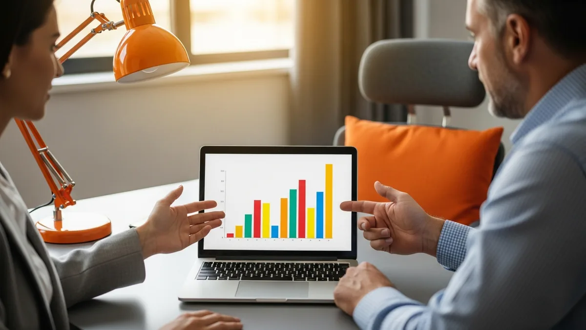 Hiring manager and finance analyst reviewing a contract-to-hire versus direct hire cost comparison chart on a laptop
