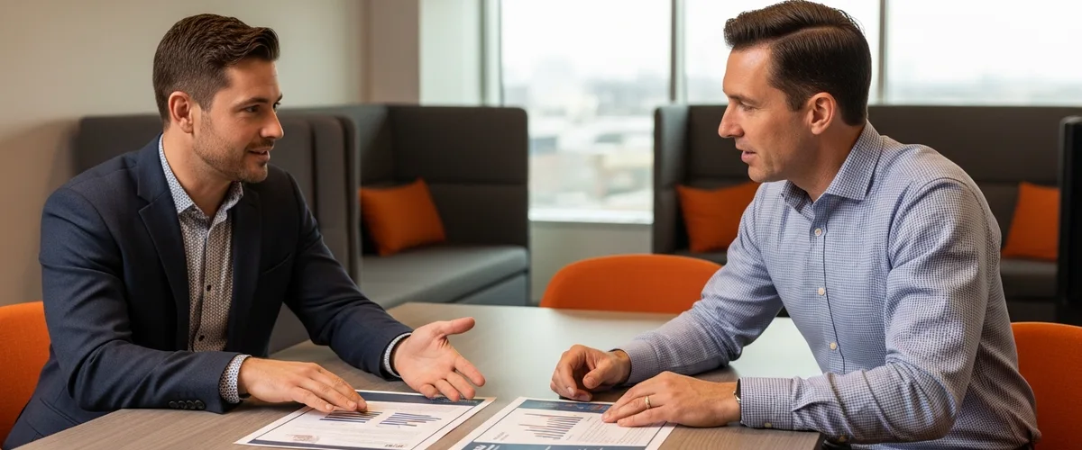 Two staffing professionals comparing contract-to-hire and direct hire cost proposals in a meeting