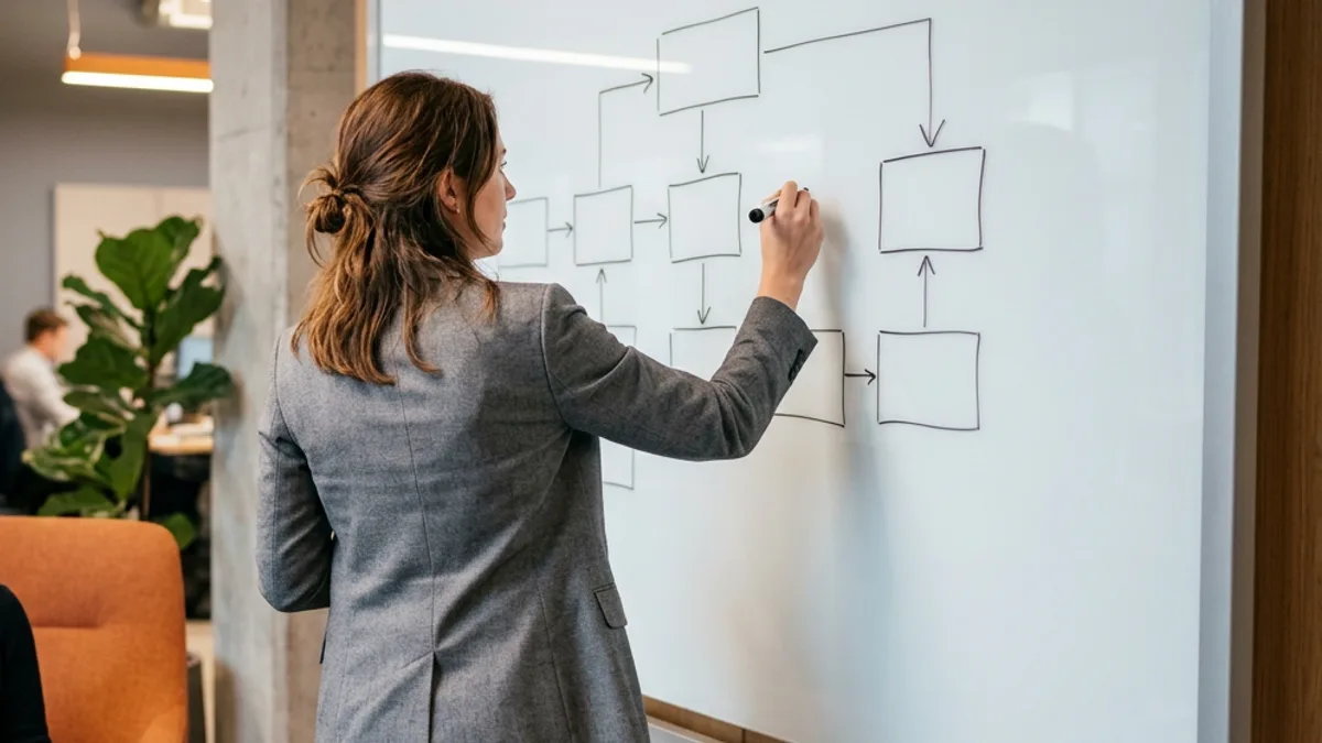 Consultant mapping the chain of title for contractor IP ownership from worker to staffing firm to client on a whiteboard