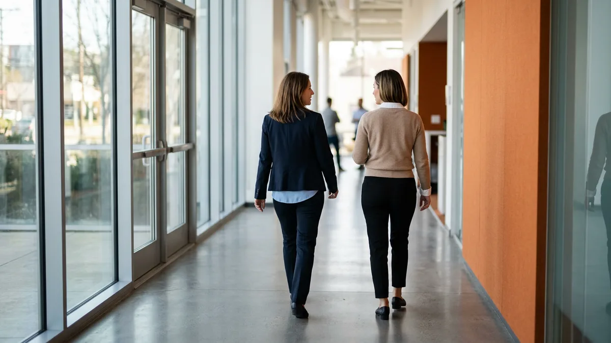Recruiter and hiring manager walking and discussing W2, corp-to-corp, and SOW contract engagement structures