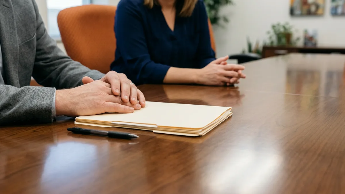 Closed contract folders and a pen on a conference table during a contractor work product assignment review