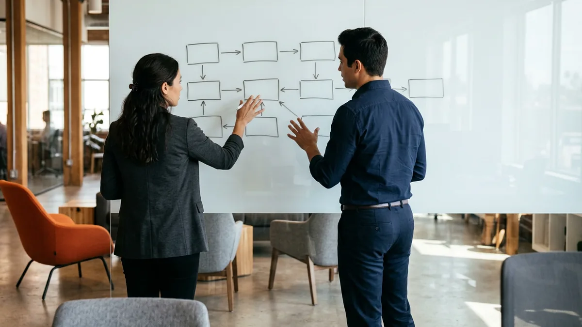 Hiring manager and IT colleague mapping a contractor access provisioning sequence on a whiteboard