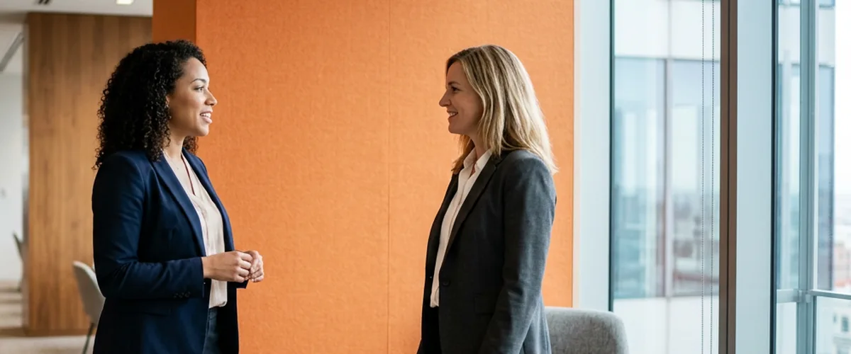 Two hiring managers discussing a contractor onboarding checklist beside an orange accent wall