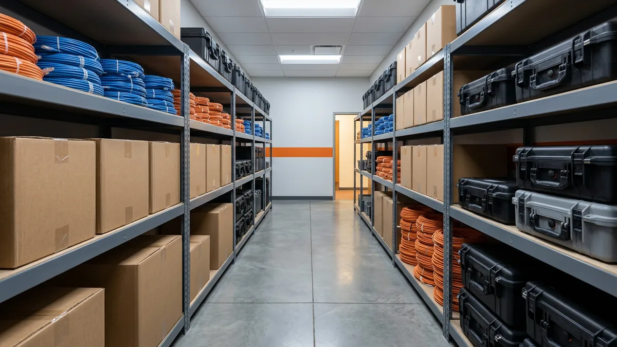 Corporate IT storage room with network cabling and cases staged for contractor equipment provisioning