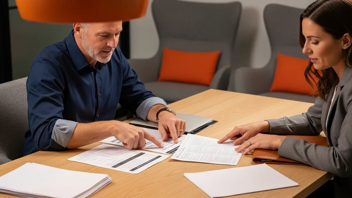 Finance manager and controller reviewing printed 2026 controller salary benchmark reports at a conference table