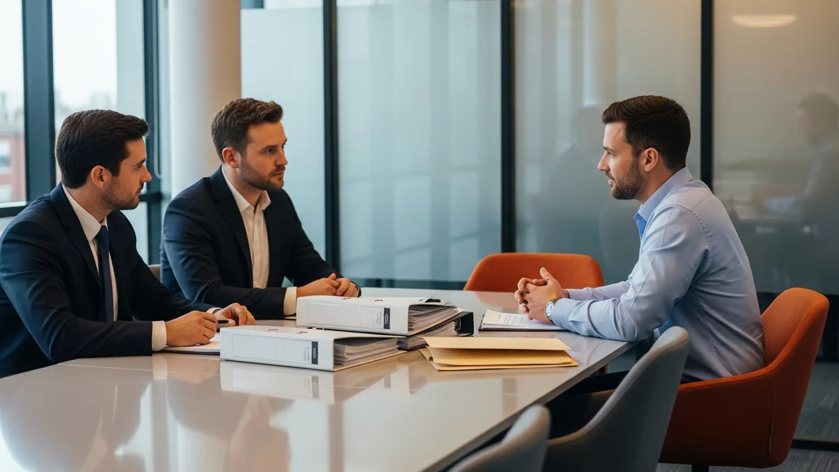 External auditors meeting a corporate controller with audit binders during financial statement audit fieldwork