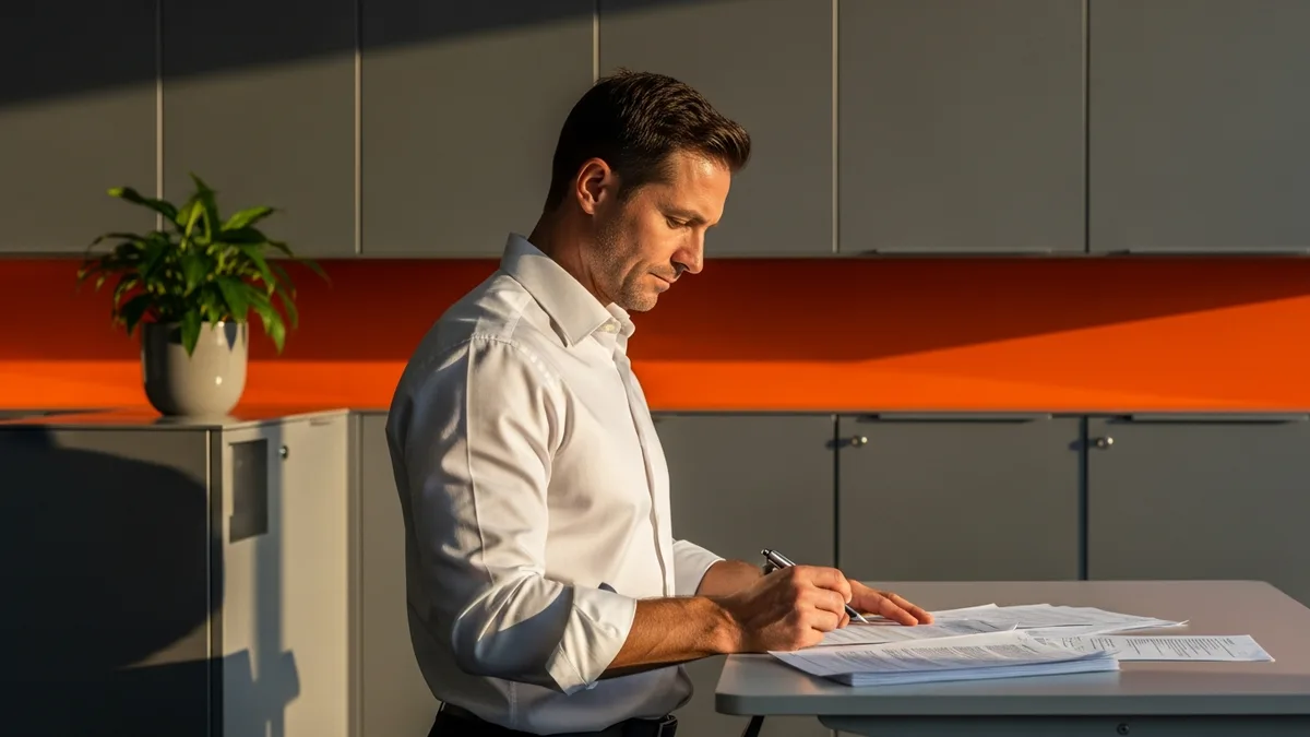Finance leader at a standing desk reviewing compensation data while setting a controller salary band