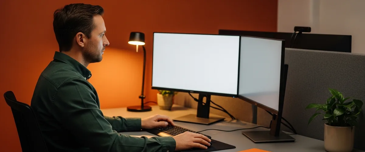 NetSuite consultant working at a dual monitor workstation in an office with an orange accent wall
