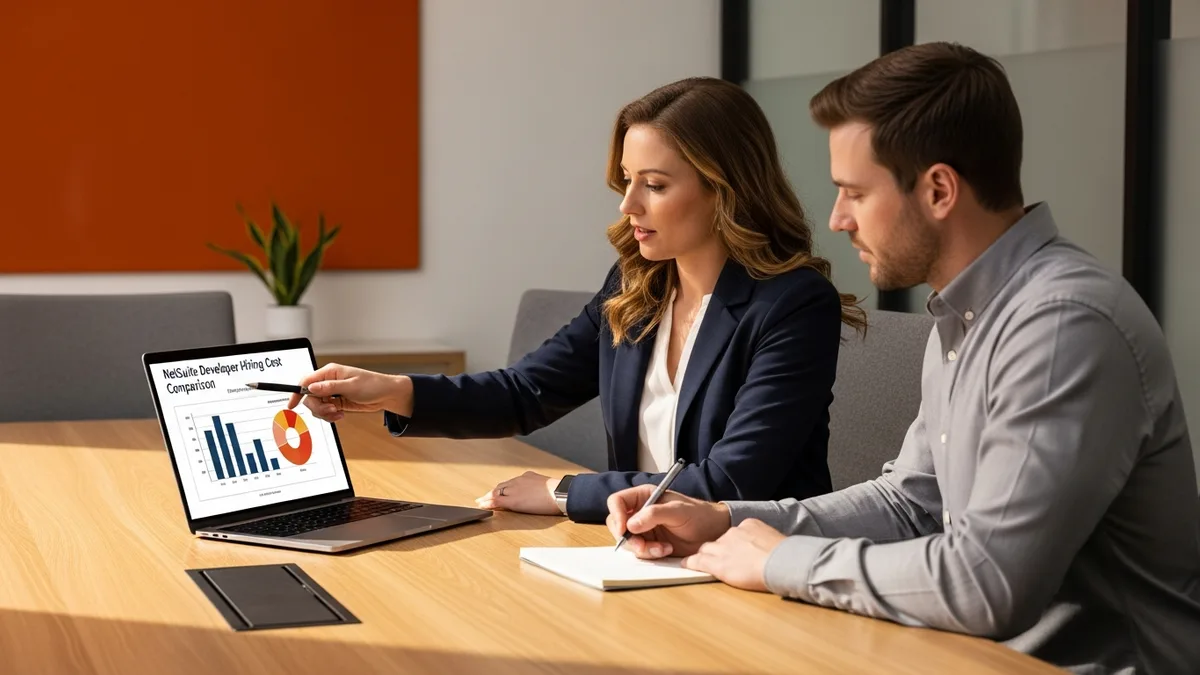 Hiring manager and IT recruiter reviewing a NetSuite developer hiring cost comparison chart on a laptop