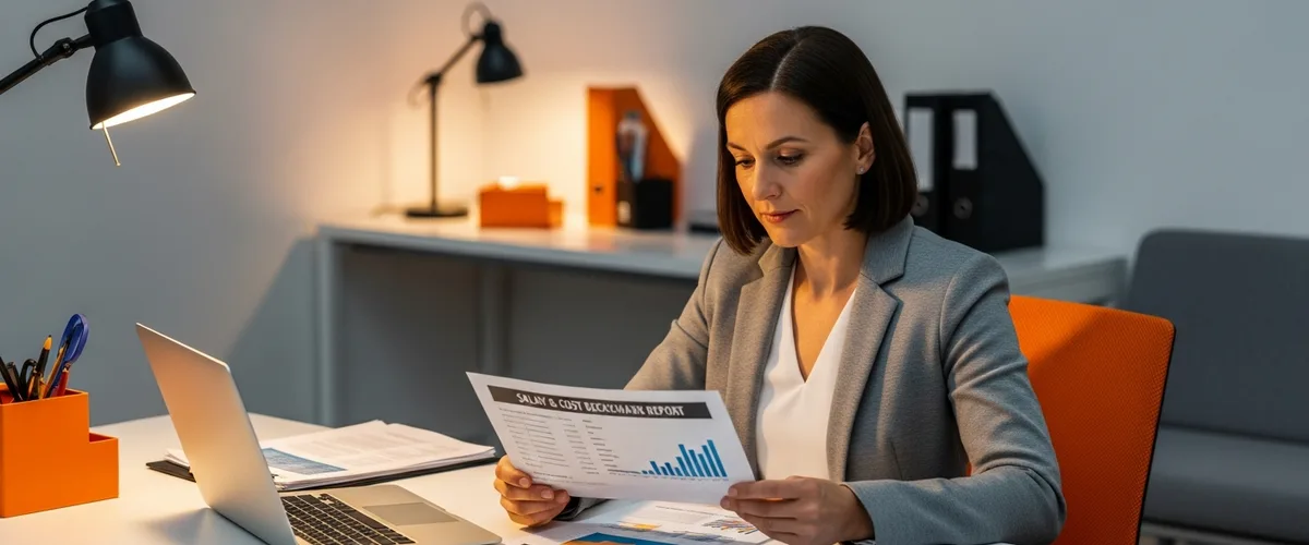 Senior IT recruiter reviewing a NetSuite developer salary and cost-to-hire benchmark report at her desk