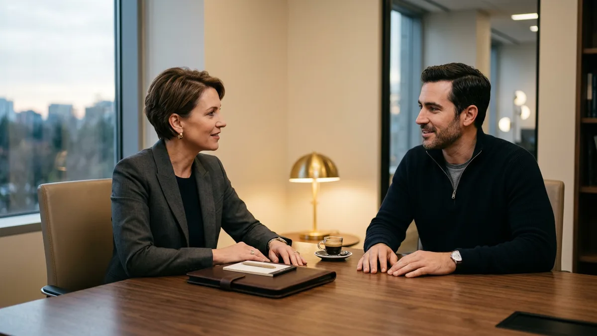 A KORE1 executive recruiter and a chief technology officer candidate in a confidential conversation across a boardroom table