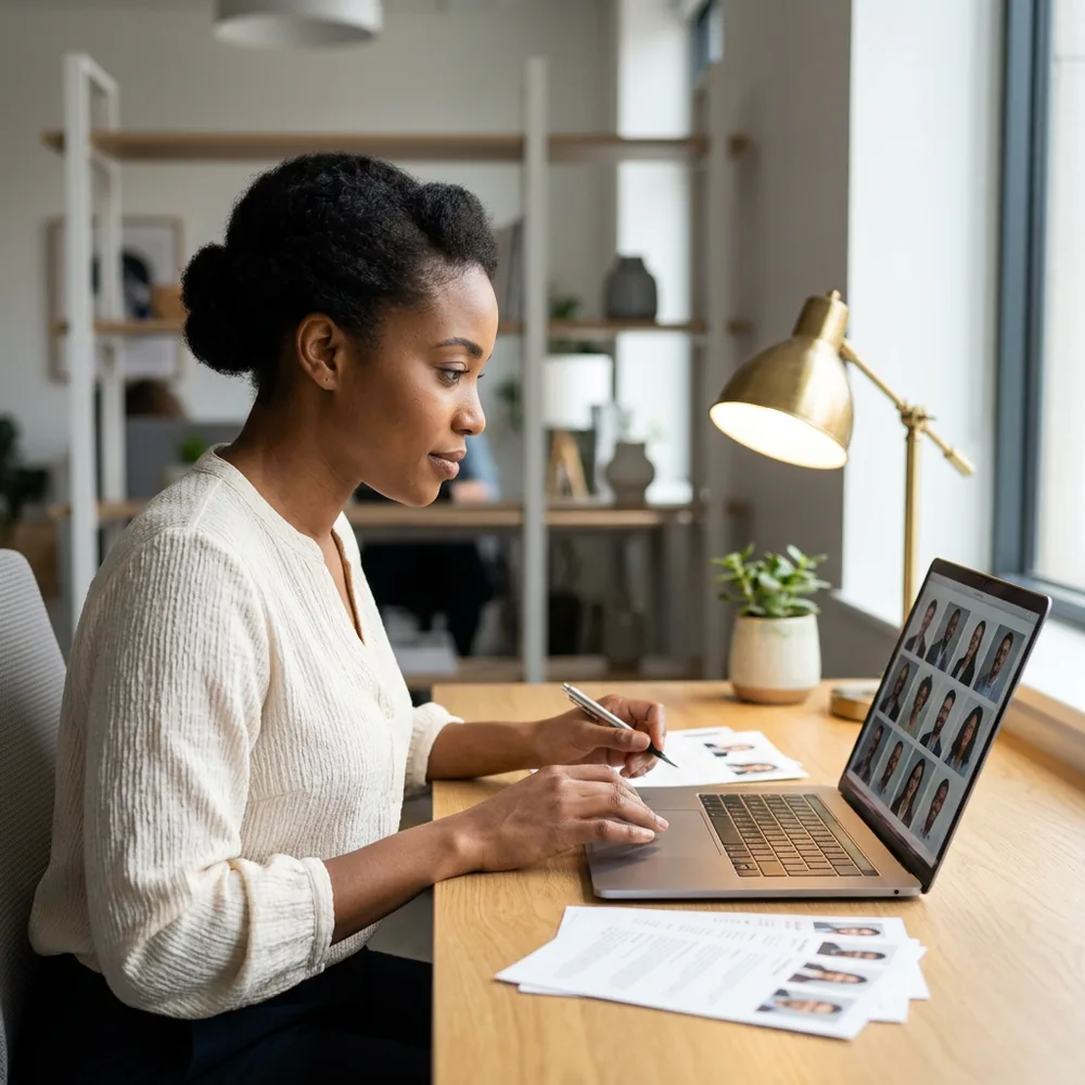 A KORE1 executive recruiter reviewing a technology leadership bench on a laptop with printed candidate profiles nearby