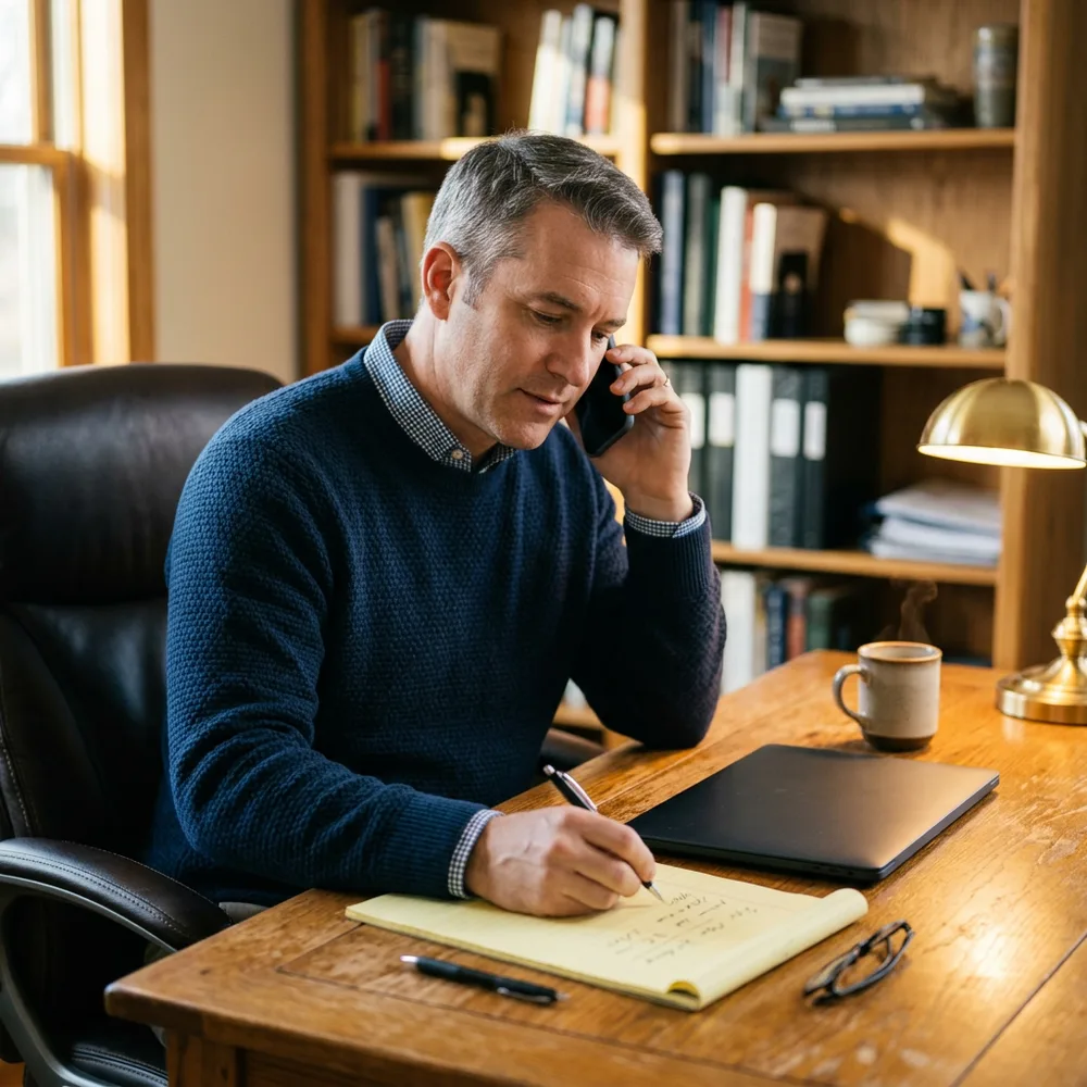 A KORE1 executive recruiter on a phone call taking handwritten reference notes on a legal pad at a desk
