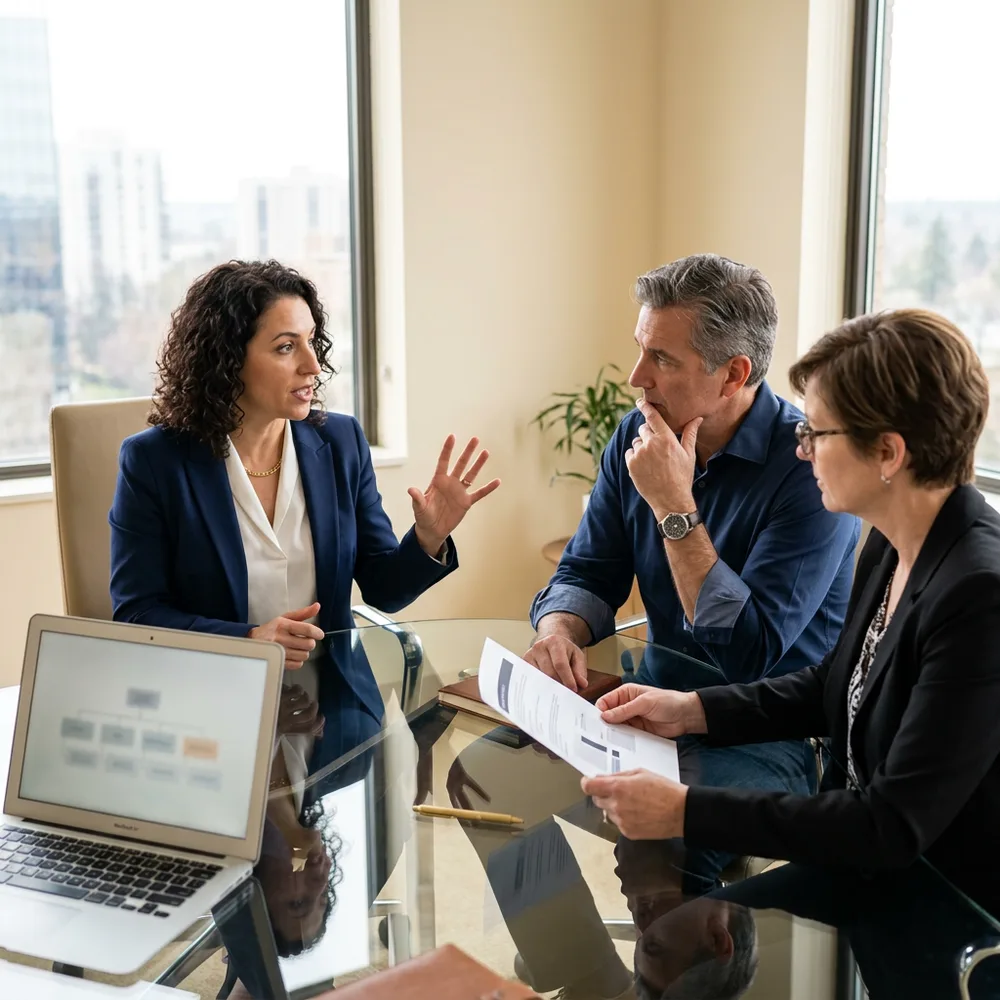 A KORE1 recruiter and two company leaders discussing a CTO role brief around a conference table with a laptop and printed notes