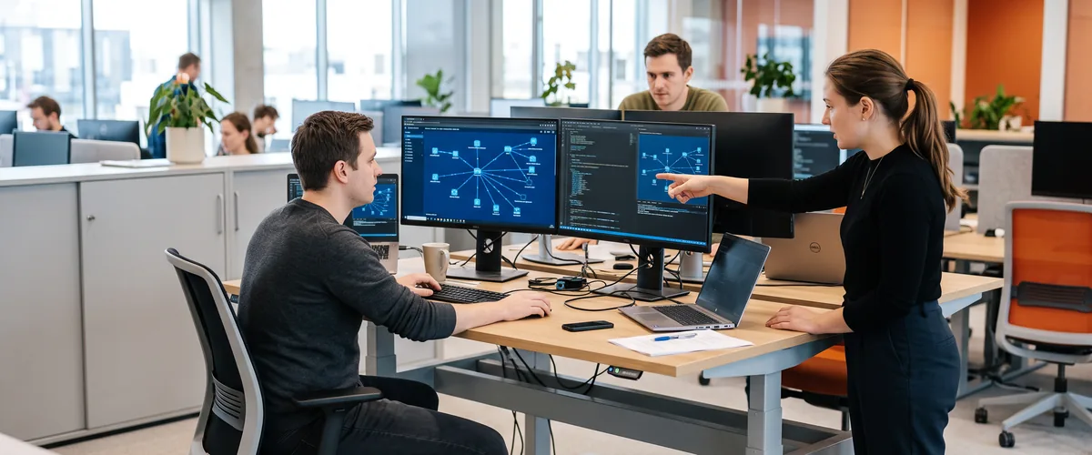 Startup security team reviewing cloud security dashboards while hiring through a cybersecurity recruiting firm