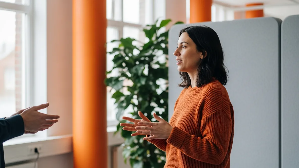 Data analyst in an orange sweater explaining analysis findings to a colleague