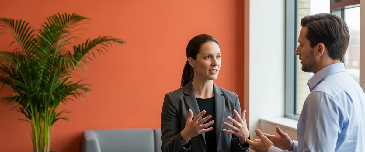 Recruiter and candidate discussing the data analyst career path in an office lobby