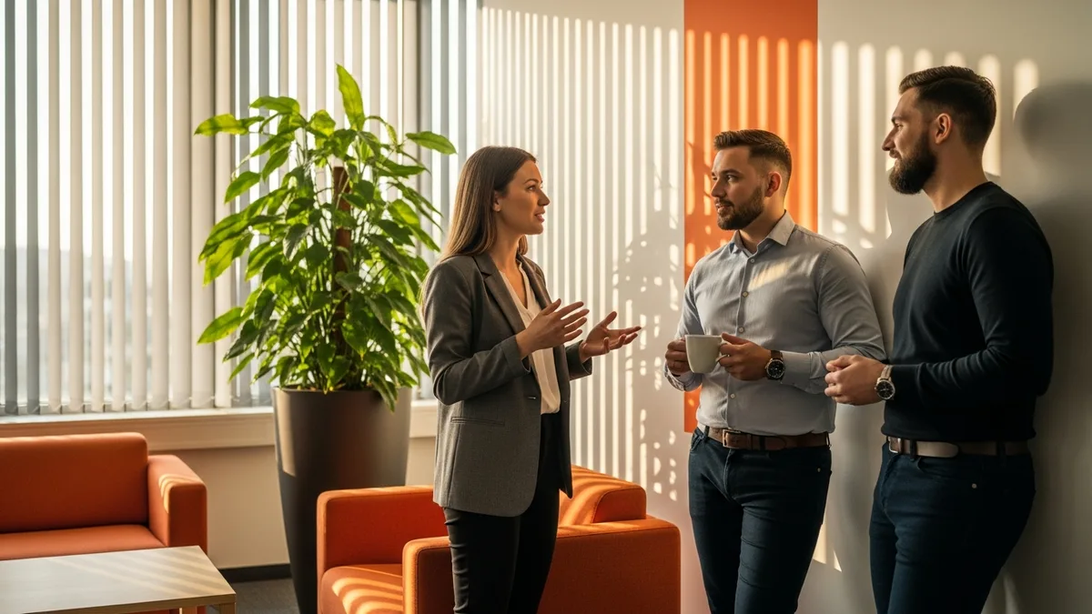 Three analytics colleagues discussing data analyst career progression and role scope