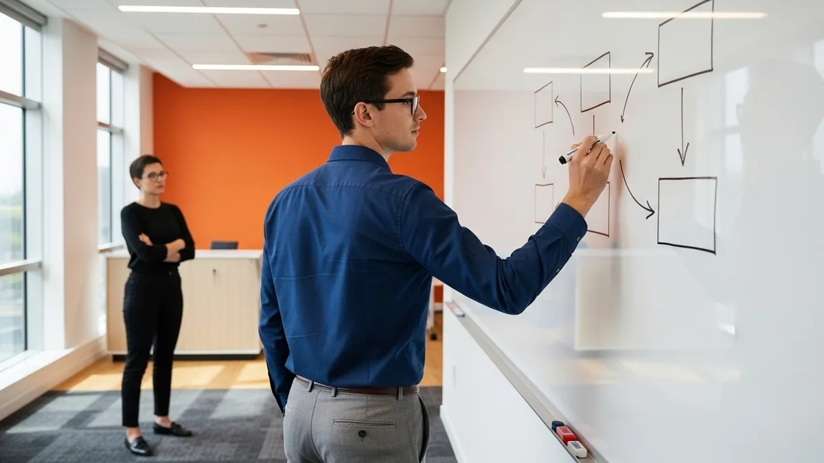 Data architect sketching entity relationships on a whiteboard while a colleague reviews the model