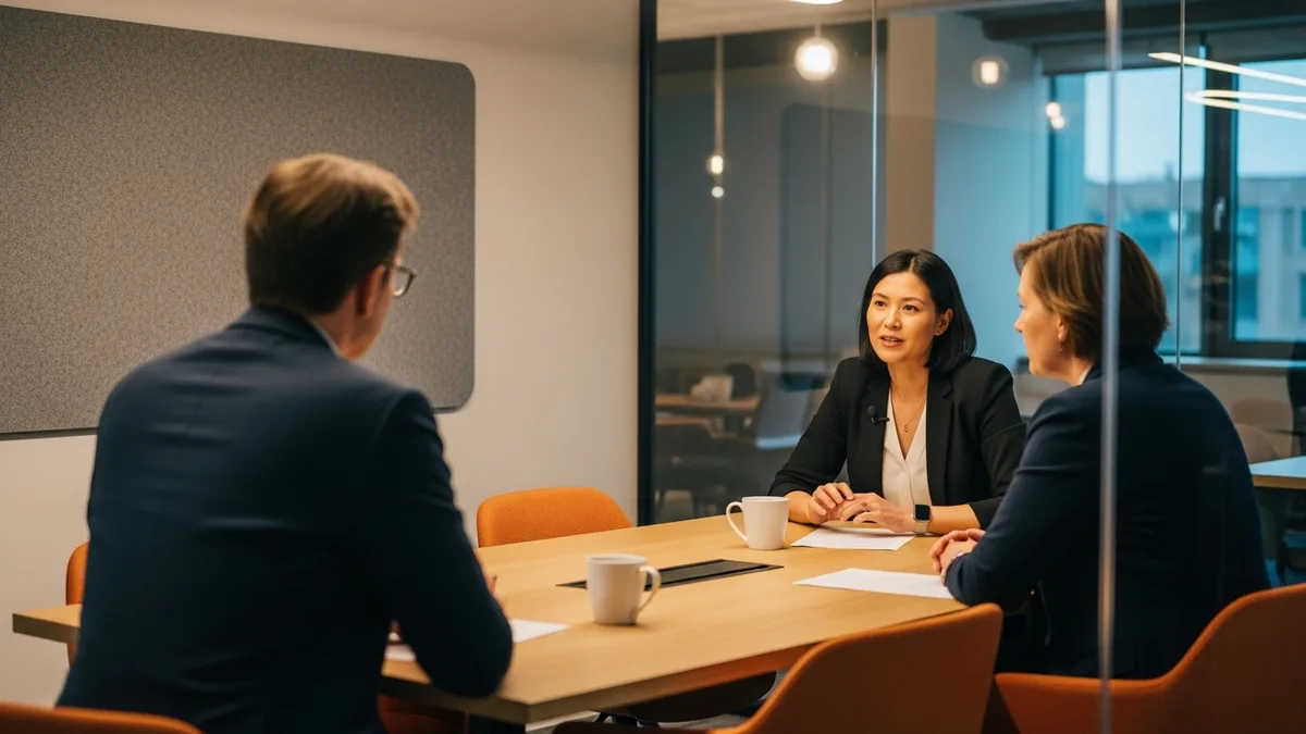 Interview panel screening a data candidate in a glass-walled conference room
