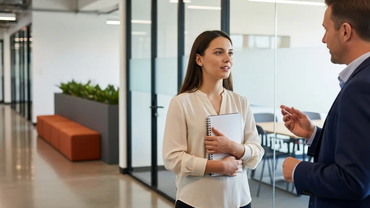 Data governance analyst candidate discussing metric definitions with a hiring manager in an office corridor