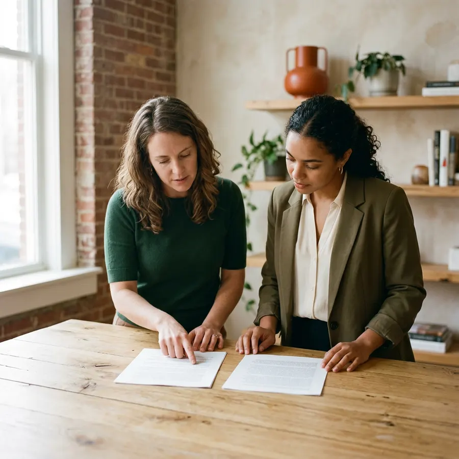 Two colleagues comparing printed data documents side by side on a light oak worktable in a bright Charlotte office