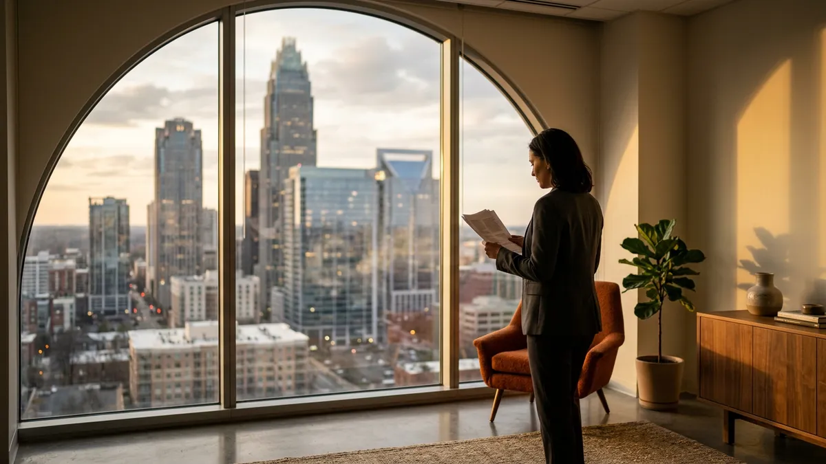 A data professional reading printed reports at a tall window high in an Uptown Charlotte tower with the crown-topped skyline visible at dusk