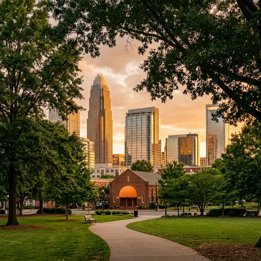 The Uptown Charlotte skyline at golden hour seen across a green city park with oak trees framing the foreground