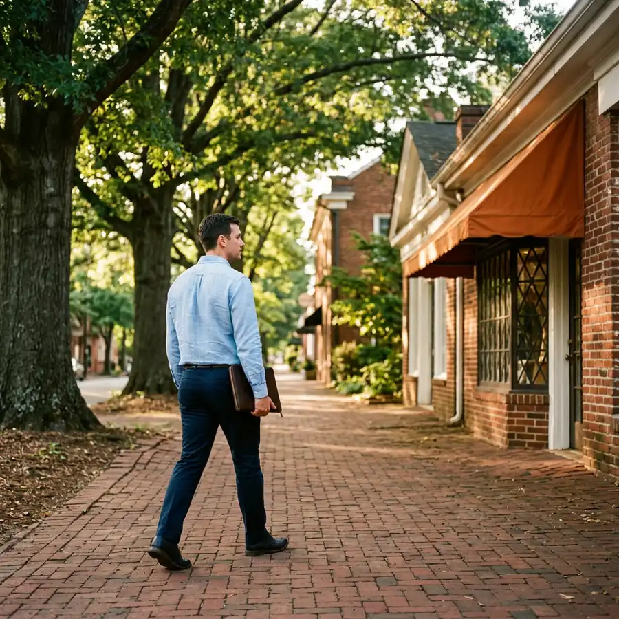 A professional walking along a shaded Charlotte sidewalk lined with oak trees and low brick storefronts in late afternoon light