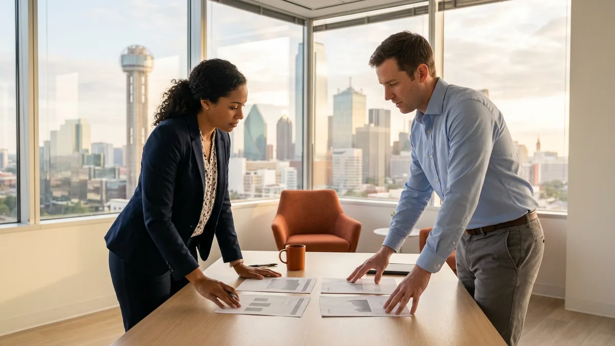 Two colleagues reviewing printed reports at a table in a bright Dallas office with the downtown skyline through the window, illustrating data staffing in Dallas